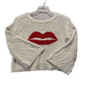 POL nubby Kissing Red Lips long‎ sleeve sweater women IVORY Medium Oversized EUC